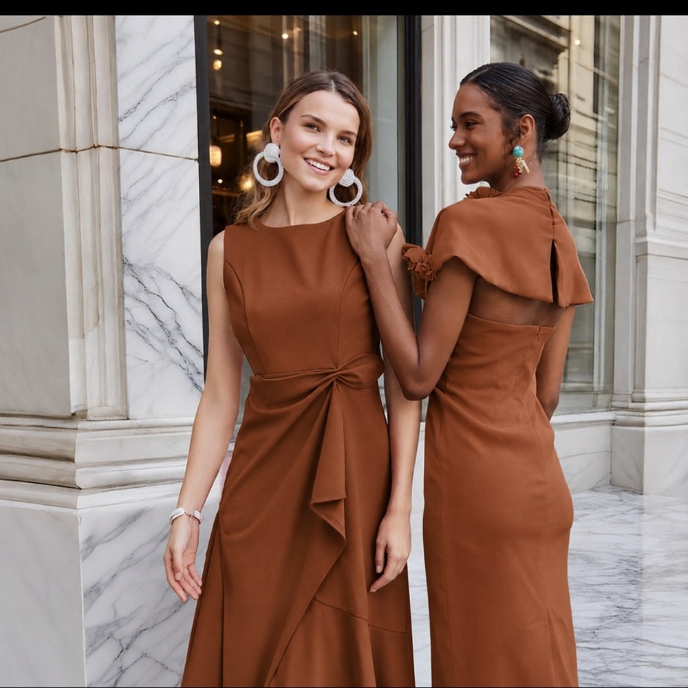 NWT Fehaute Spice Terracotta Brown Asymmetrical Sleeveless Flounce Midi Dress 10 - Picture 5 of 13
